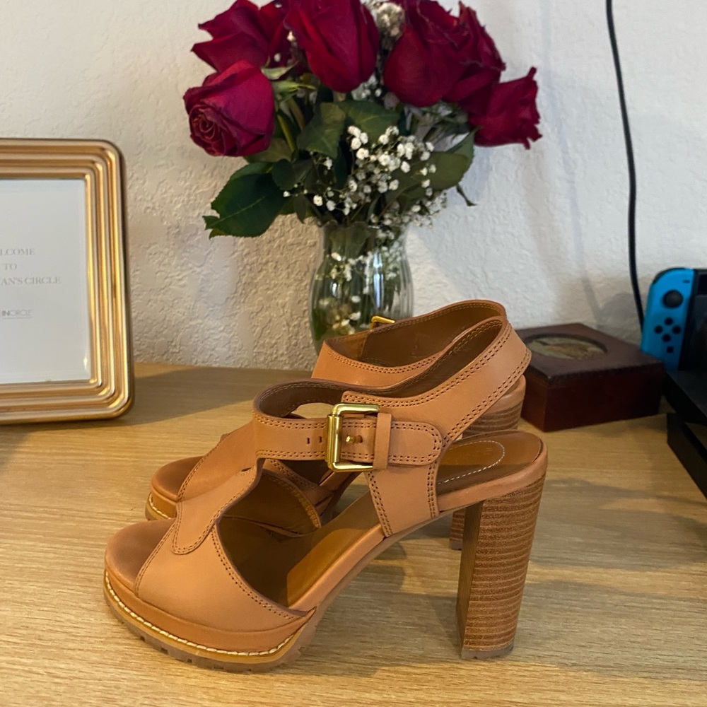 See By Chloe Tan Leather Heels with Gold Buckle